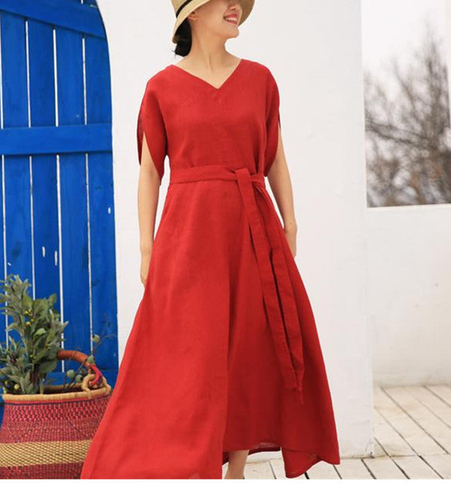 Red linen Women Dresses Casual Summer Maxi Wedding Dress Long Women Linen Dresses 21571 VPPBUY shop