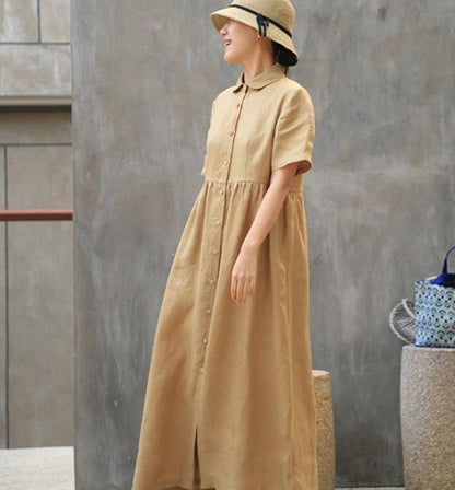 Khaki Linen Casual Summer Dresses Buttons Shirt Dress Maxi Women Dresses Z972911 VPPBUY shop