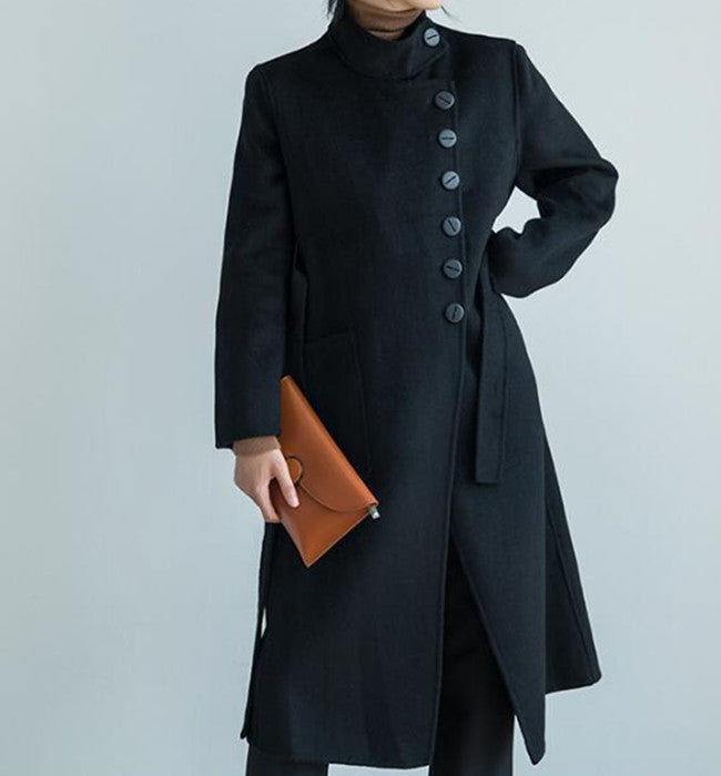 Buttons Black Women Winter Black Long Women Wool Coat Jacket 2155 VPPBUY shop