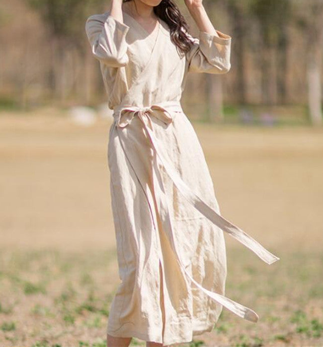 Khaki Linen Women Dresses Short Sleeves V Neck Waist Belt Summer Long Dresses XH9507 VPPBUY shop