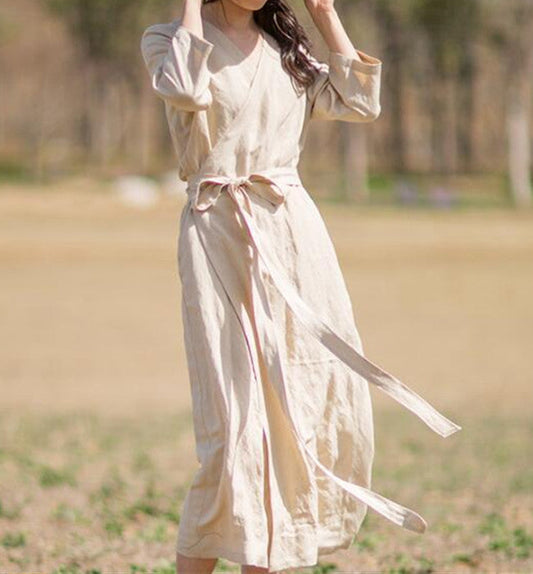 Khaki Linen Women Dresses Short Sleeves V Neck Waist Belt Summer Long Dresses XH9507 VPPBUY shop