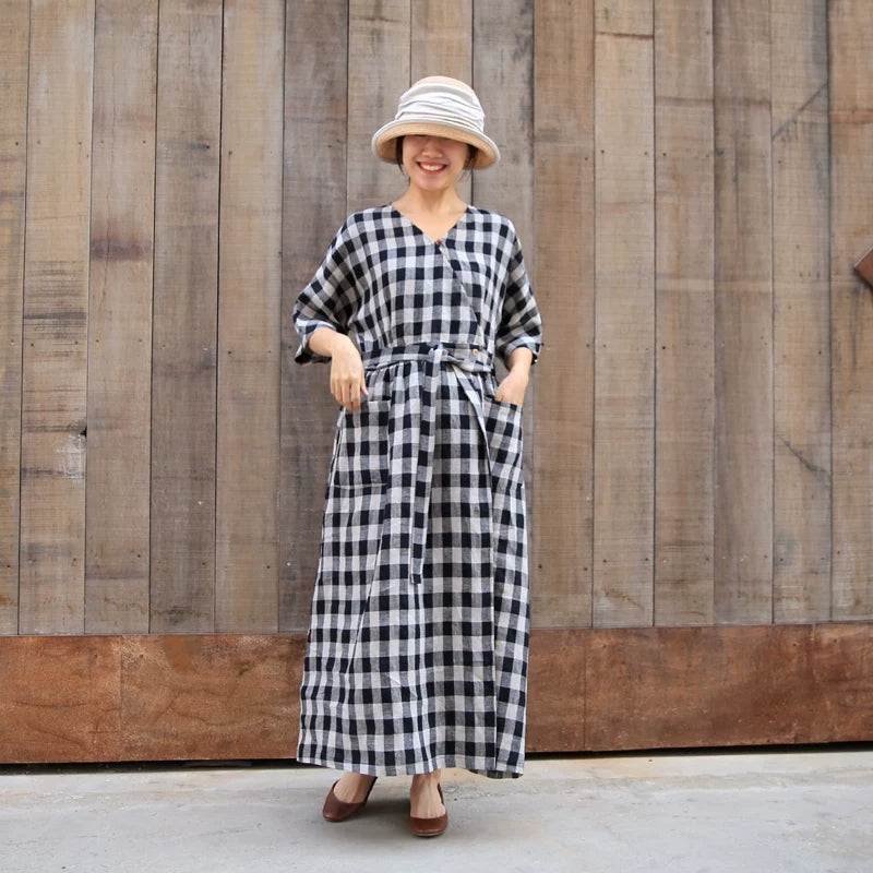 Plaid Women Linen Summer Dresses Long Dresses With Waist Belt 90423 VPPBUY shop