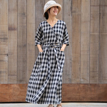 Plaid Women Linen Summer Dresses Long Dresses With Waist Belt 90423 VPPBUY shop