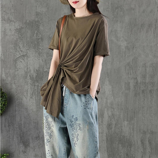 Pleated Women Summer Cotton Tops Women Short Sleeves Tops VPPBUY shop