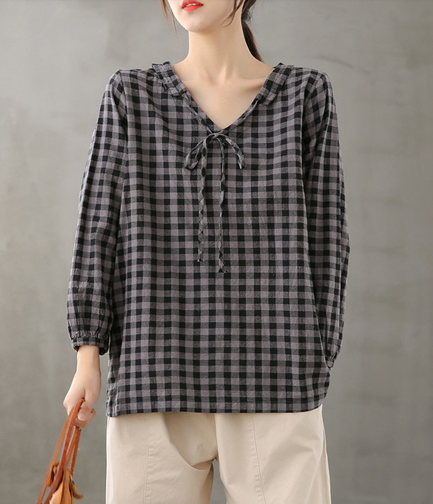 Plaid Women Casual Blouse Cotton Linen Shirts Tops DZA200851 VPPBUY shop