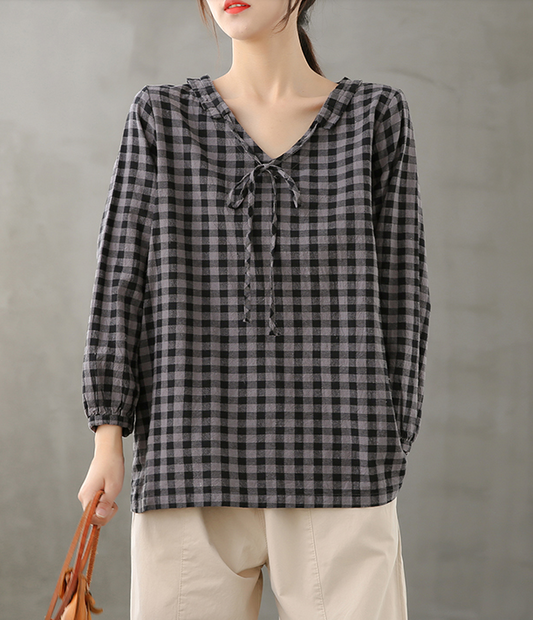 Plaid Women Casual Blouse Cotton Linen Shirts Tops DZA200851 VPPBUY shop