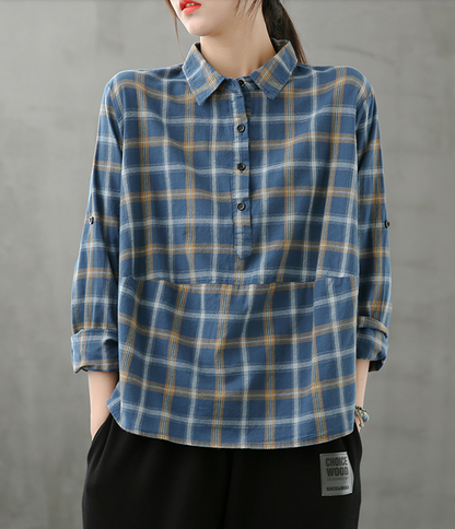 Plaid Women Casual Blouse Cotton Linen Shirts Tops DZA200862 VPPBUY shop