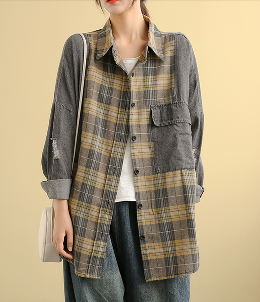 Denim Plaid Autumn Women Casual Blouse Cotton Shirts Tops DZA200853 VPPBUY shop