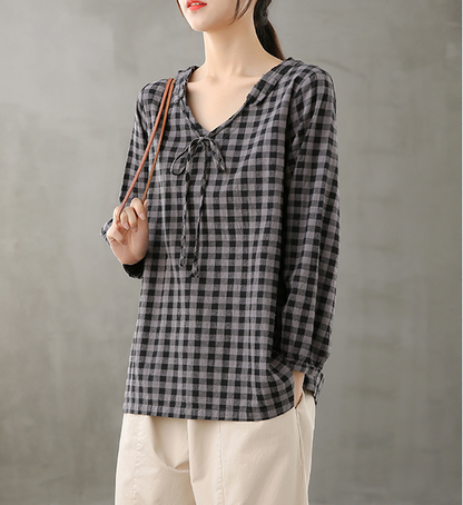 Plaid Women Casual Blouse Cotton Linen Shirts Tops DZA200851 VPPBUY shop