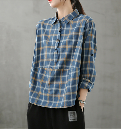 Plaid Women Casual Blouse Cotton Linen Shirts Tops DZA200862 VPPBUY shop