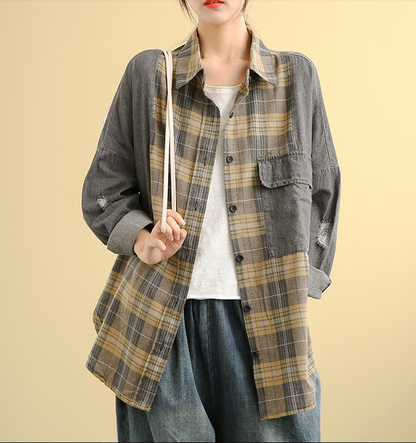 Denim Plaid Autumn Women Casual Blouse Cotton Shirts Tops DZA200853 VPPBUY shop