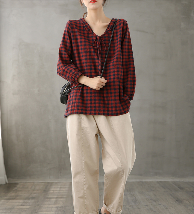 Plaid Women Casual Blouse Cotton Linen Shirts Tops DZA200851 VPPBUY shop