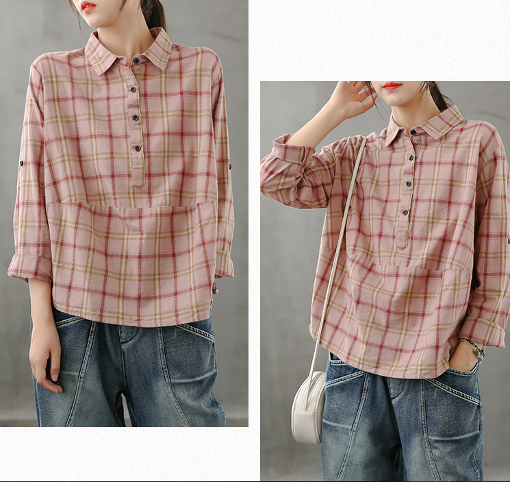 Plaid Women Casual Blouse Cotton Linen Shirts Tops DZA200862 VPPBUY shop