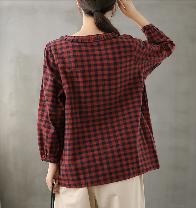 Plaid Women Casual Blouse Cotton Linen Shirts Tops DZA200851 VPPBUY shop