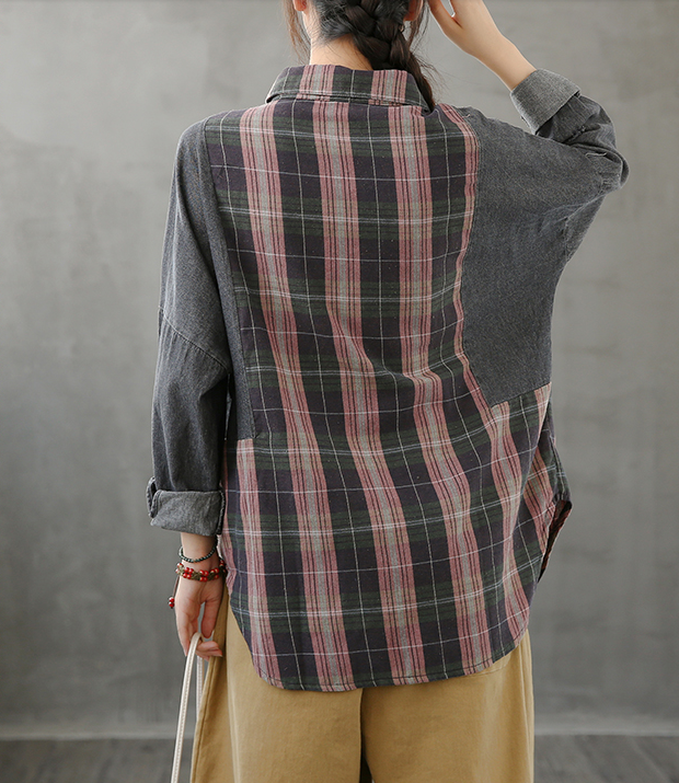 Denim Plaid Autumn Women Casual Blouse Cotton Shirts Tops DZA200853 VPPBUY shop