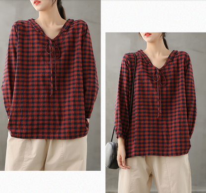 Plaid Women Casual Blouse Cotton Linen Shirts Tops DZA200851 VPPBUY shop