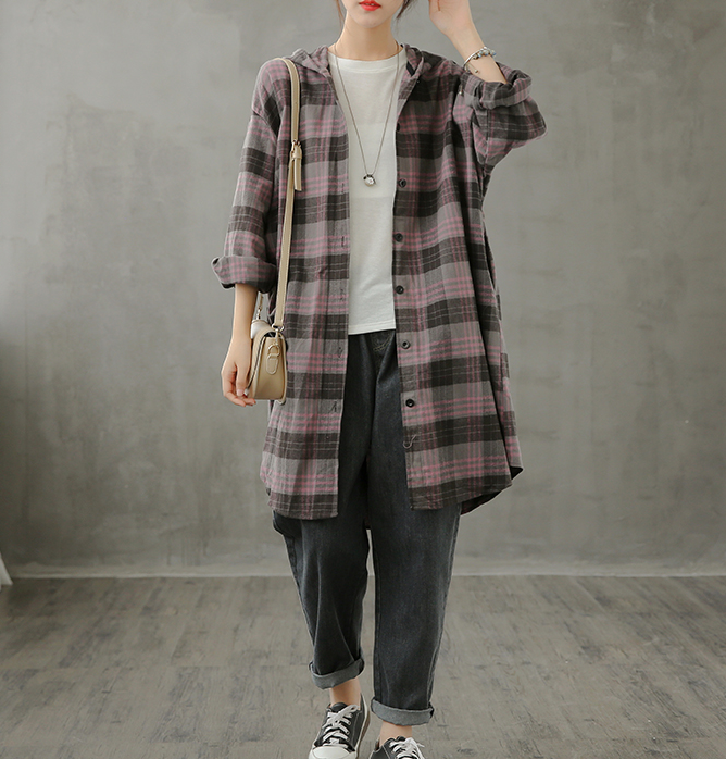 Plaid Women Casual Blouse Cotton Linen Shirts Tops DZA200961 VPPBUY shop