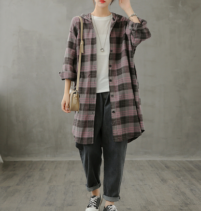 Plaid Women Casual Blouse Cotton Linen Shirts Tops DZA200961 VPPBUY shop