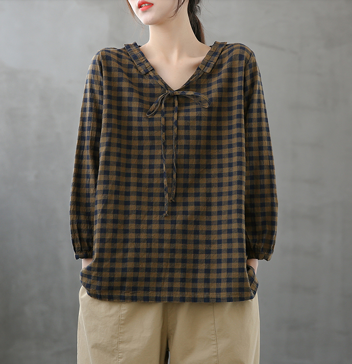 Plaid Women Casual Blouse Cotton Linen Shirts Tops DZA200851 VPPBUY shop