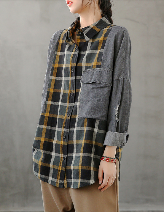 Denim Plaid Autumn Women Casual Blouse Cotton Shirts Tops DZA200853 VPPBUY shop