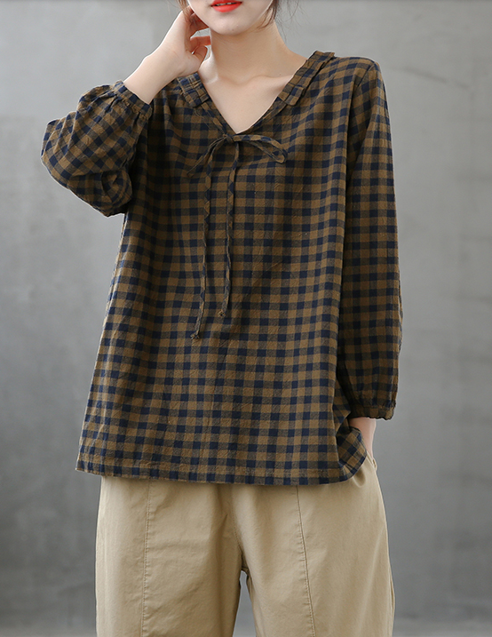 Plaid Women Casual Blouse Cotton Linen Shirts Tops DZA200851 VPPBUY shop