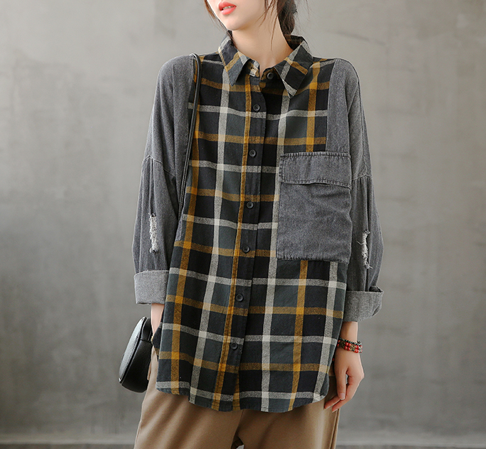 Denim Plaid Autumn Women Casual Blouse Cotton Shirts Tops DZA200853 VPPBUY shop