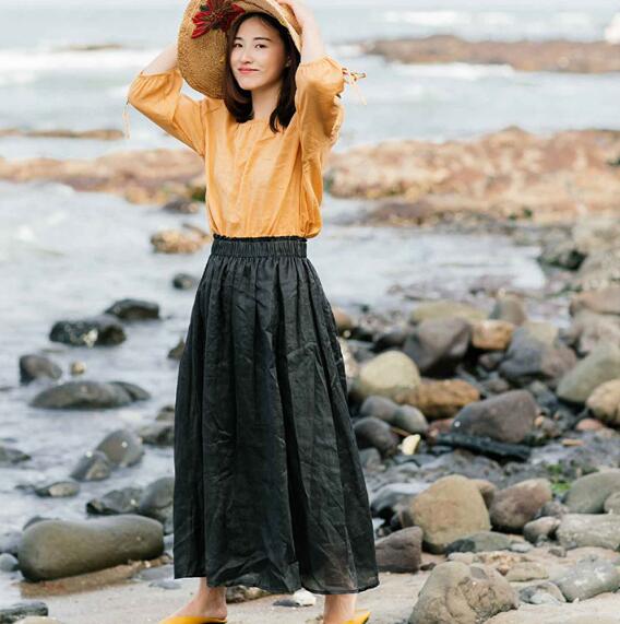 Black Women's Skirts Summer Linen Skirt Elastic Waist VPPBUY shop