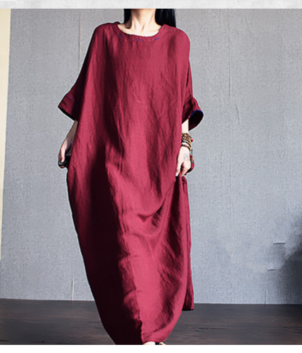 Loose Long Sleeve Linen Cotton O Neck Plus Size Women Dress VPPBUY shop