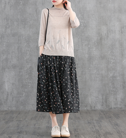 Floral Casual Cotton linen loose fitting Women's Skirts DZA2007121 VPPBUY shop