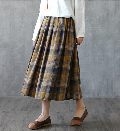 Plaid Casual Cotton linen loose fitting Women's Skirts  DZA2005264 VPPBUY shop