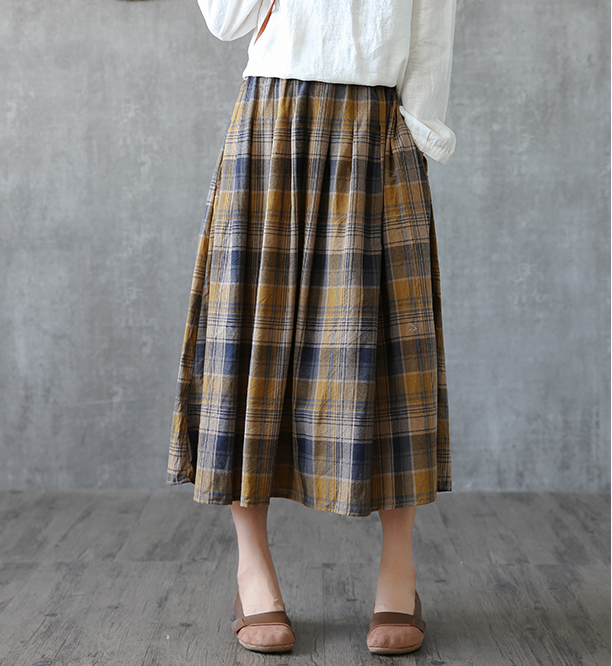 Plaid Casual Cotton linen loose fitting Women's Skirts  DZA2005264 VPPBUY shop