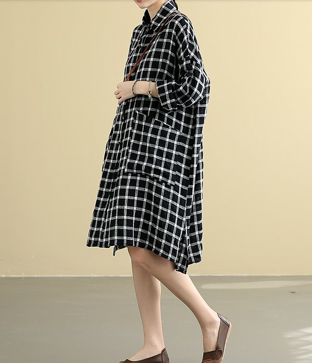 Checked  Summer  Linen Spring Women loose Shirts Dresses DZA05095 VPPBUY shop