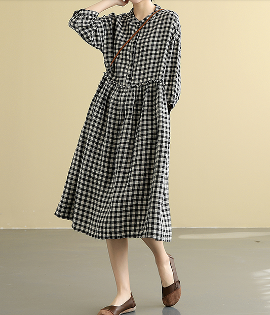 plaid  Summer  Linen Spring Women loose and comfortable Dresses DZA05094 VPPBUY shop