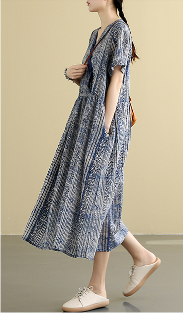 Gray Print Summer Cotton Linen Spring Women loose  Dresses DZA05092 VPPBUY shop