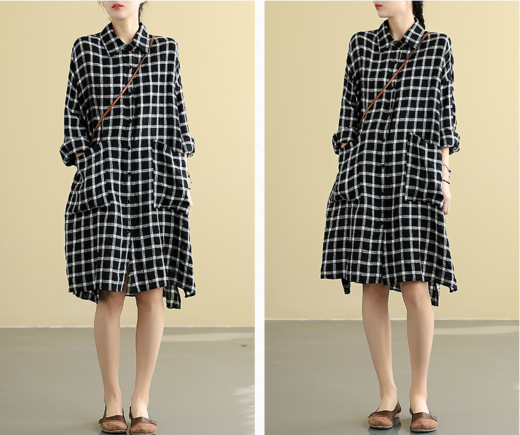 Checked  Summer  Linen Spring Women loose Shirts Dresses DZA05095 VPPBUY shop