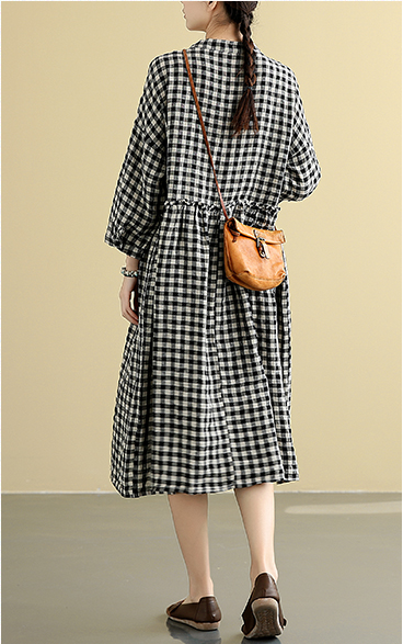 plaid  Summer  Linen Spring Women loose and comfortable Dresses DZA05094 VPPBUY shop