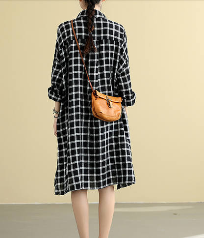 Checked  Summer  Linen Spring Women loose Shirts Dresses DZA05095 VPPBUY shop