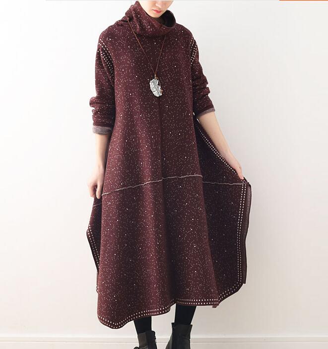 Retro High Collar Loose Cotton Knit Long Dresses Plus Size AMT962328 VPPBUY shop