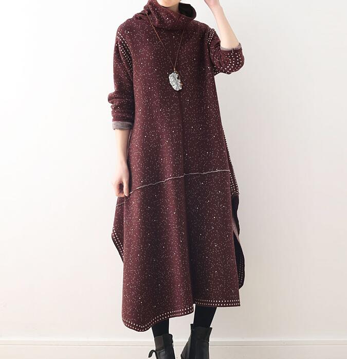 Retro High Collar Loose Cotton Knit Long Dresses Plus Size AMT962328 VPPBUY shop