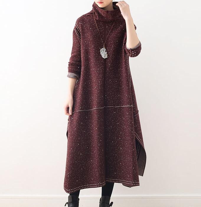 Retro High Collar Loose Cotton Knit Long Dresses Plus Size AMT962328 VPPBUY shop