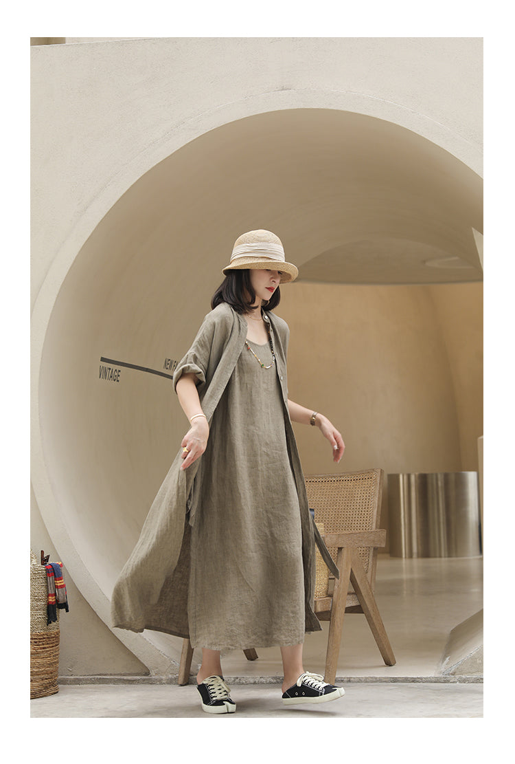 Buttons Washed Soft Summer Linen Women Shirts Dresses Drop Shoulder Long Women Dresses Waist Belt97292 VPPBUY shop