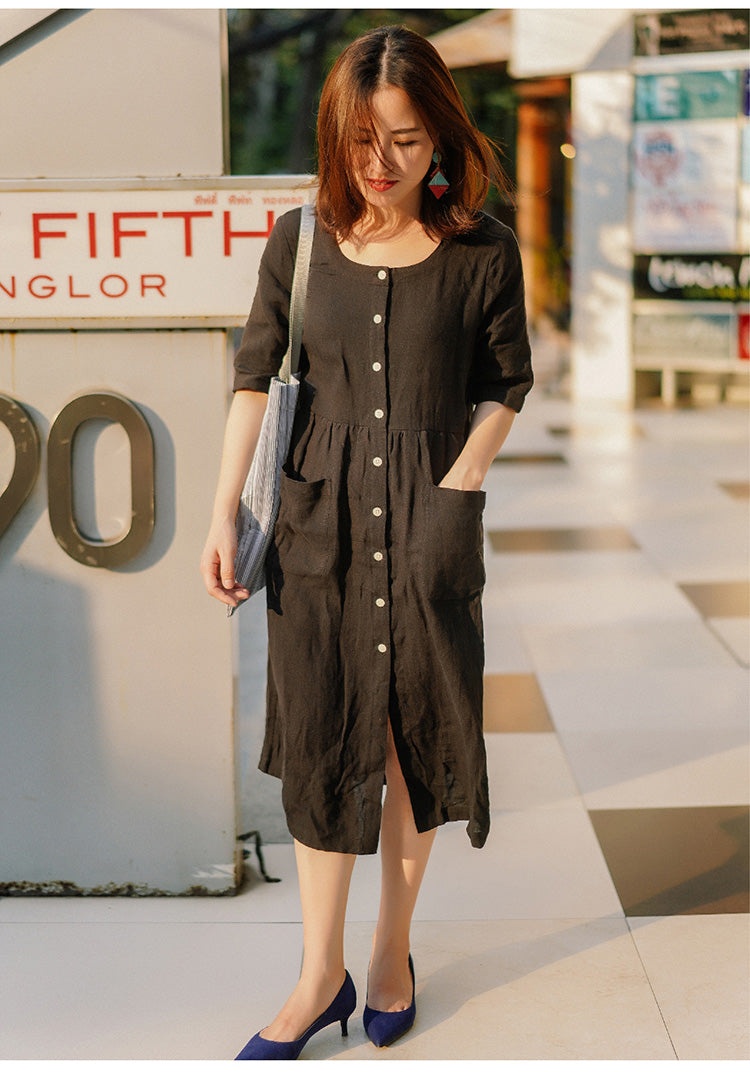 Black Shirts Linen Dress Buttons Midi Dresses CH90413 VPPBUY shop