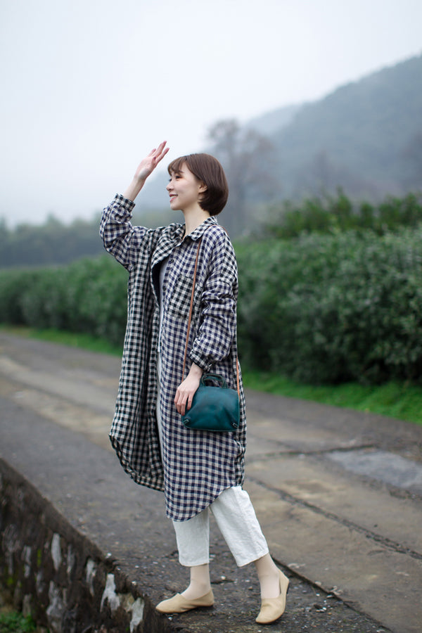 Checked 100% Soft Linen Spring Women Dresses Shirts CH90413 VPPBUY shop