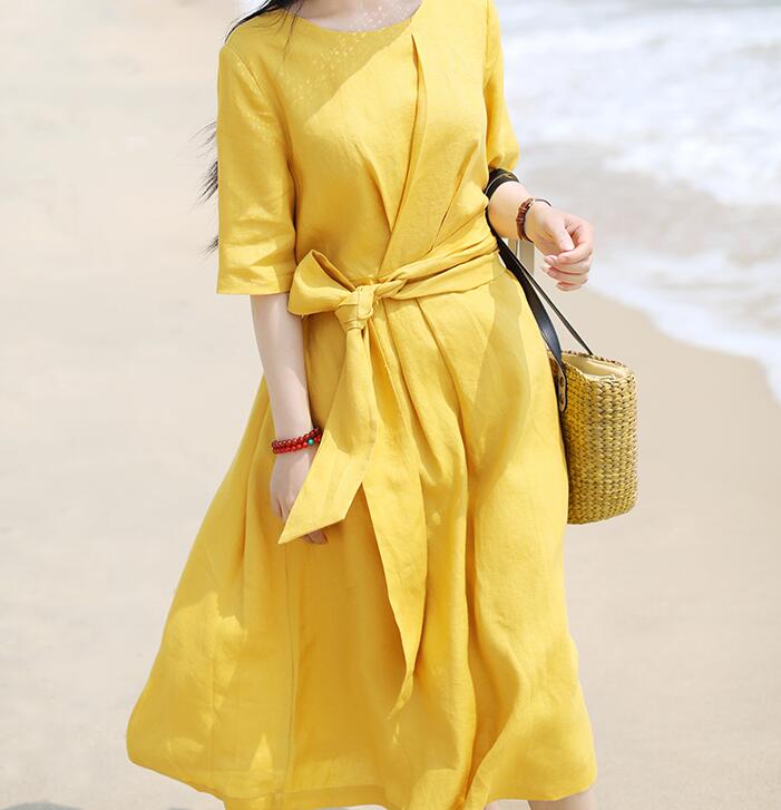 Yellow Waist Line Long Summer Linen Spring Dresses VPPBUY shop