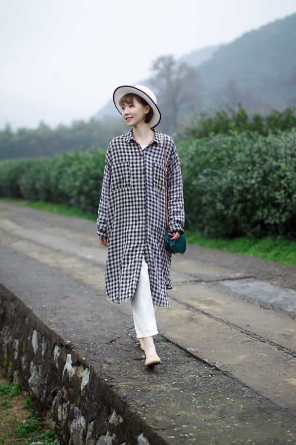 Checked 100% Soft Linen Spring Women Dresses Shirts CH90413 VPPBUY shop