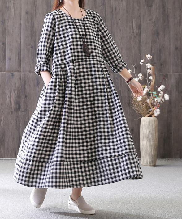 Plaid Cotton Linen Dresses Women Long  Dresses Long Sleeve VPPBUY shop