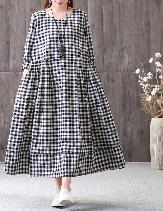 Plaid Cotton Linen Dresses Women Long  Dresses Long Sleeve VPPBUY shop