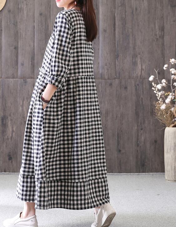 Plaid Cotton Linen Dresses Women Long  Dresses Long Sleeve VPPBUY shop