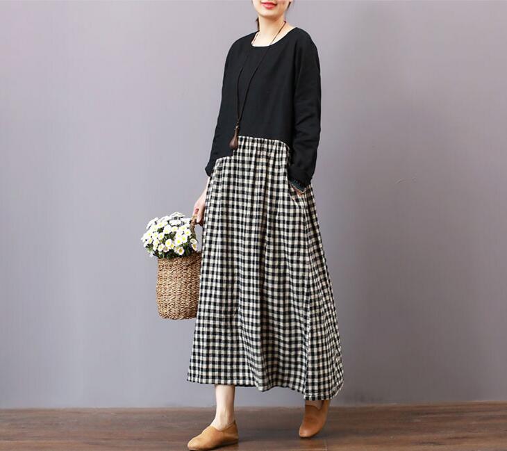 patch Work Cotton Linen Dresses Women Long Dresses Long Sleeve VPPBUY shop