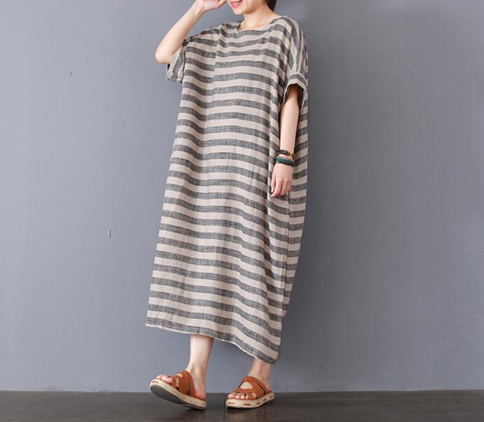 Stripe Cotton Linen Dresses Women Long Dresses Short Sleeve VPPBUY shop